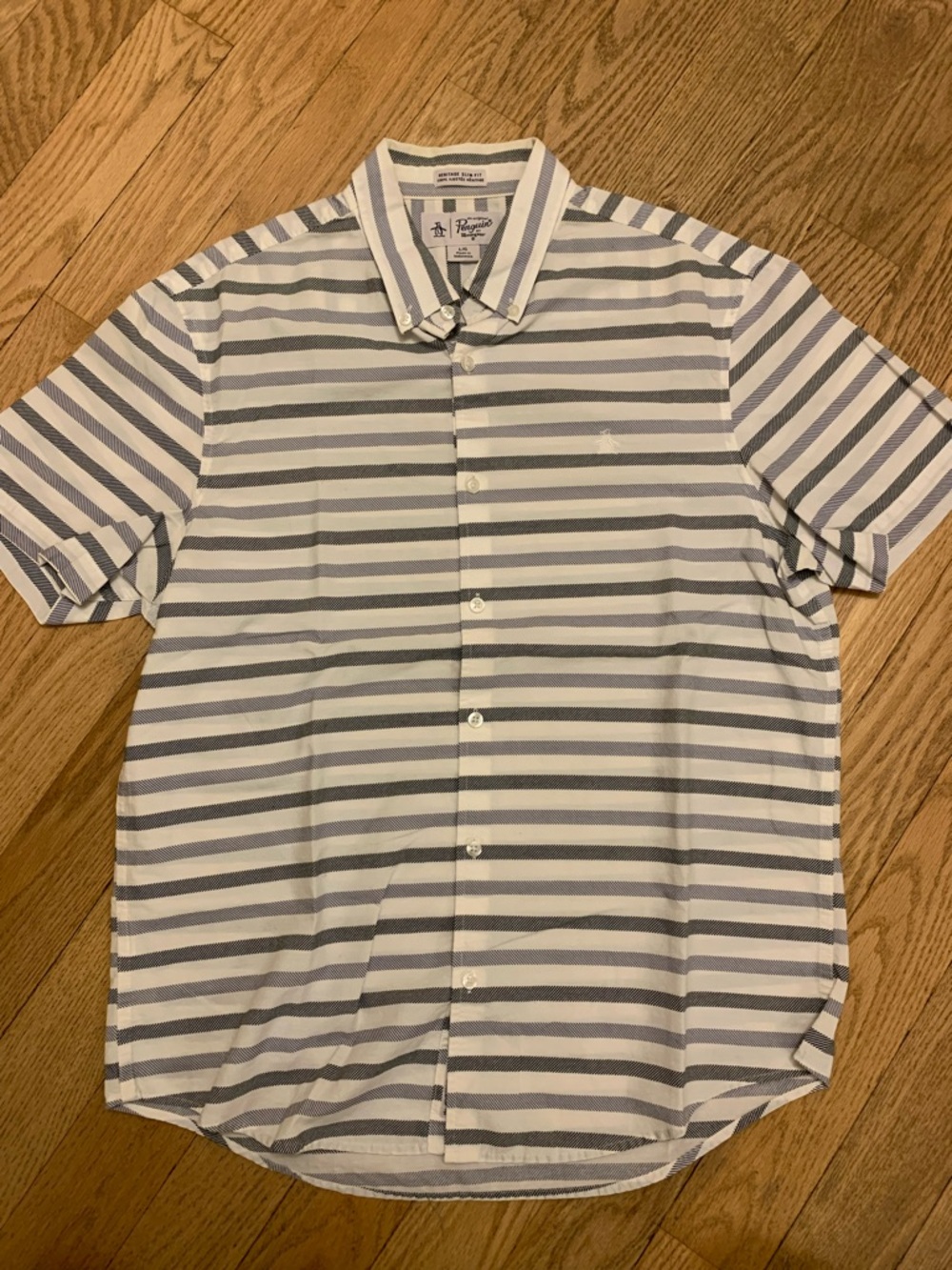 Original Penguin Short-Sleeve Button-Down Shirt - White & Blue Stripes